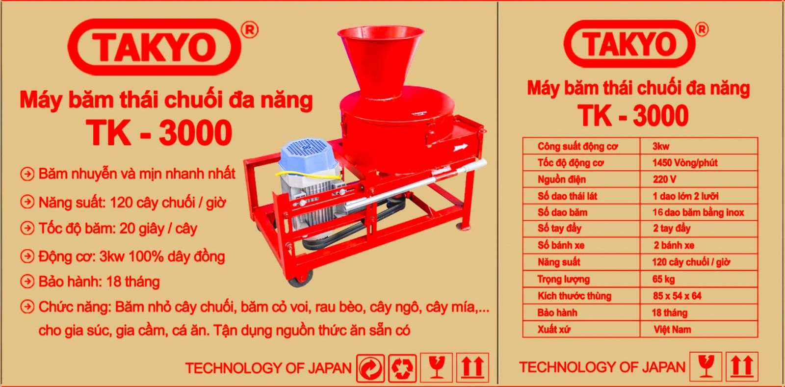 Thông số kỹ thuật máy thái băm chuối đa năng Takyo Tk 3000