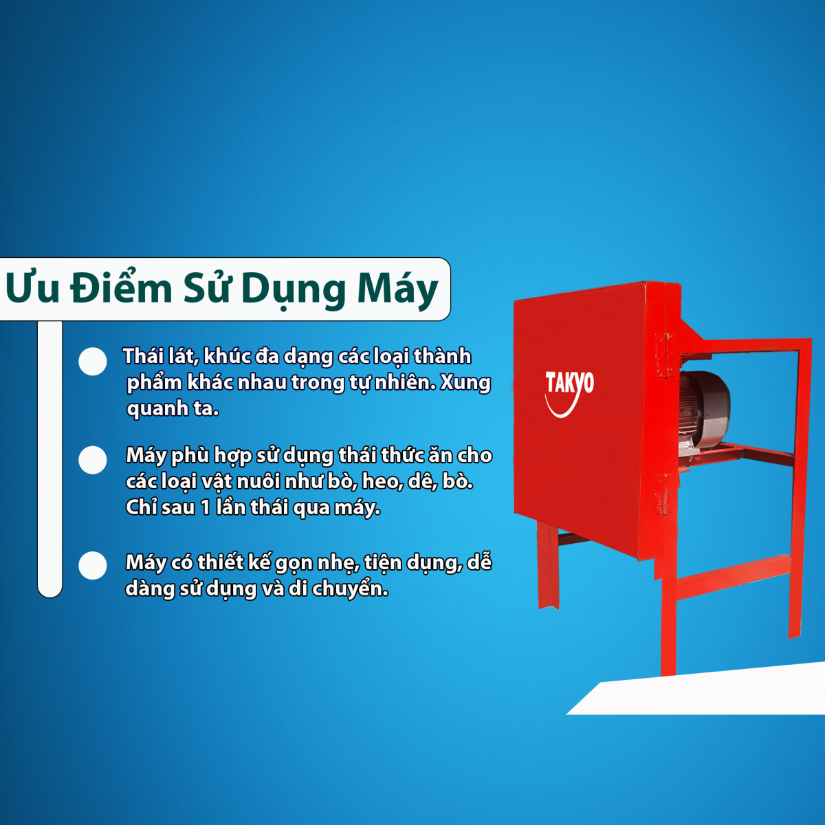 Máy thái cỏ voi Takyo TK 15 có nhiều tính năng đặc biệt như thái lát cỏ voi nhanh, cho năng suất thái cao và thành phẩm nhỏ, mịn