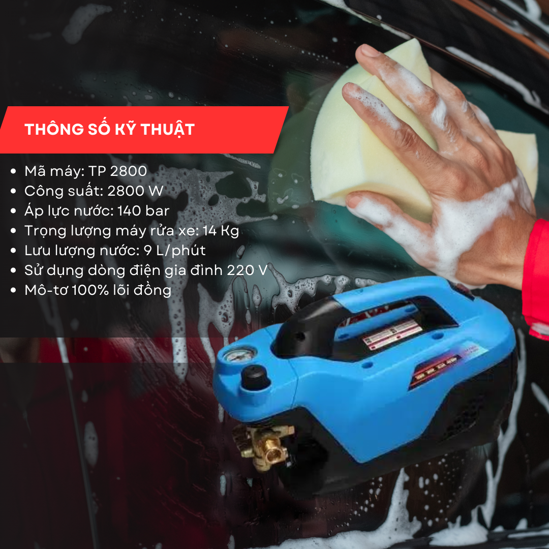 Máy rửa xe Toàn Phát TP 2800 trang bị công suất mạnh lên đến 2800 W, áp lực nước là 140 bar, mô-tơ 100% lõi đồng.