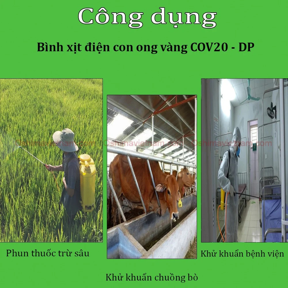 bình xịt điện bơm đôi con ong vàng cov 20 dp được sử dụng rộng rãi trong công tác phòng trừ sâu bệnh, phun khử khuẩn phòng dịch