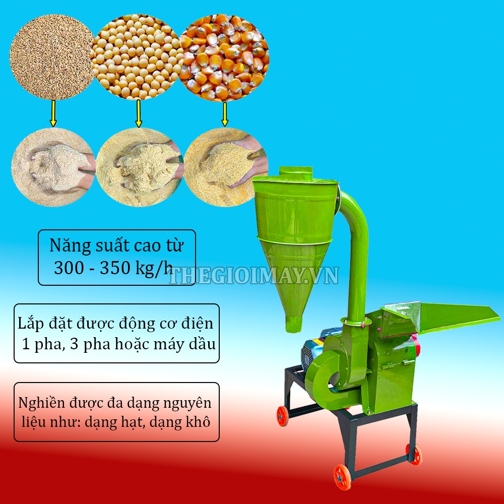 Máy nghiền với năng suất rất cao từ 300-350 kg/giờ có thể linh hoạt thay đổi các lỗ sàng để nguyên liệu ra với kích thước phù hợp với nhu cầu của bà con