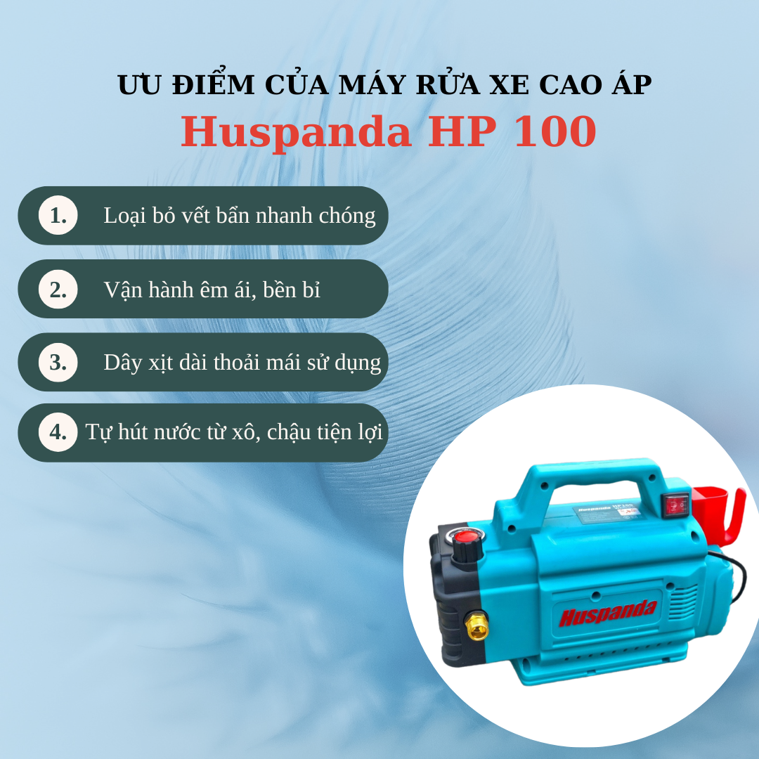Máy rửa xe cao áp Huspanda Hp 100 có áp lực cao và cộng suất mạnh mang đến khả năng xịt rửa mạnh mẽ, giúp loại bỏ  bụi bẩn một cách nahnh chóng. 